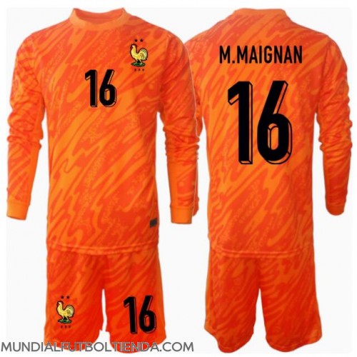 Camiseta Francia Mike Maignan #16 Portero Segunda Equipación Replica Eurocopa 2024 para niños mangas largas (+ Pantalones cortos)